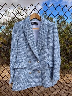 Zara Boucle Blazer Textured Tweed, Double Breasted, Womens Size, S, Blue Preppy